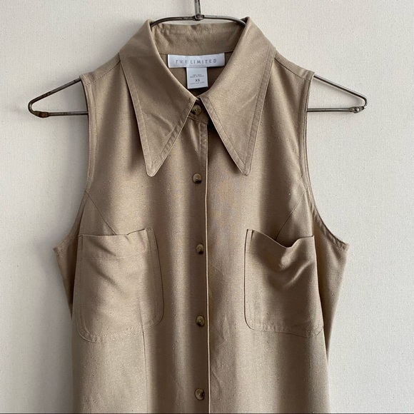 Vintage 90s The Limited Beige Raw Silk Button Front Collared Midi Safari Dress - Picture 5 of 12